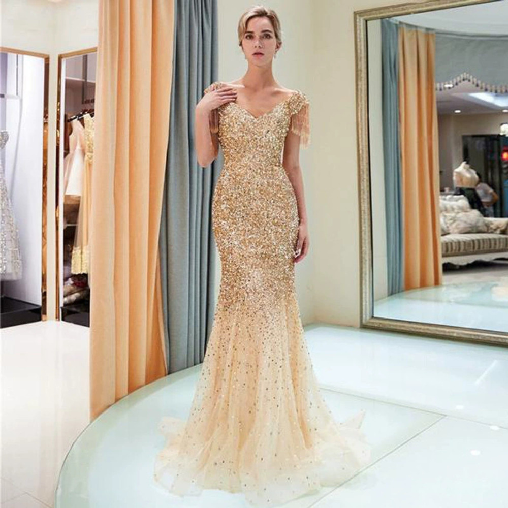 ZARA Sexy Slim Mermaid Evening Dress Raglan Sleeve Gold Glitter Long Gown